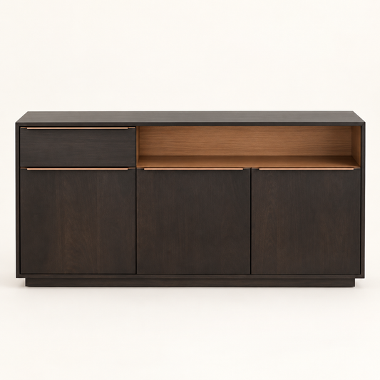 Dark Wooden Sideboard with Open Shelf in dark walnut finish – front studio view