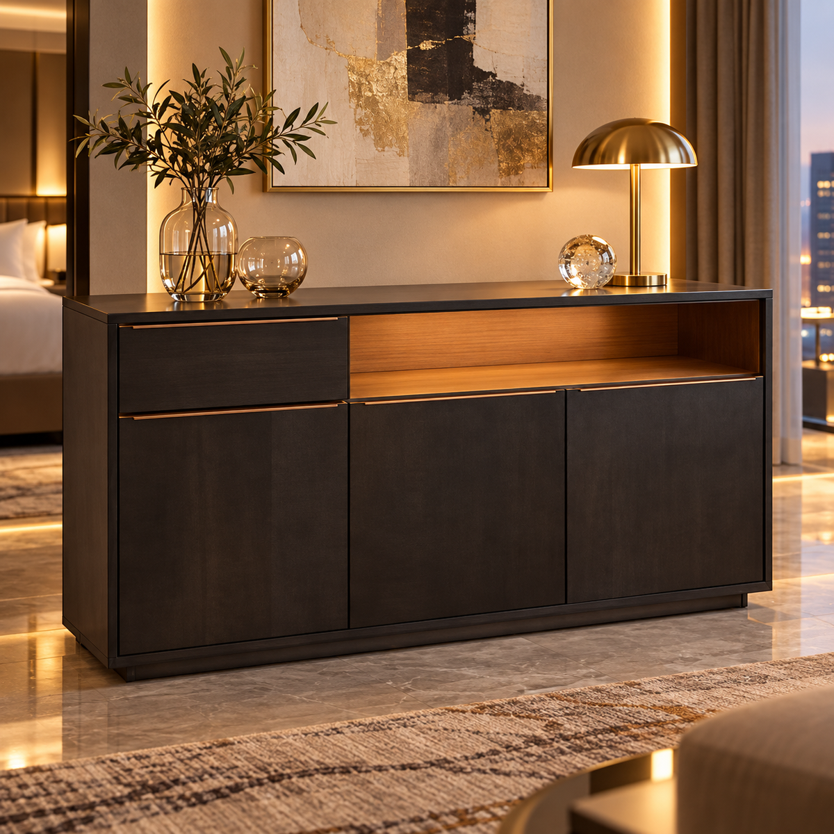 Dark Wooden Sideboard with Open Shelf in dark walnut finish – lifestyle setting