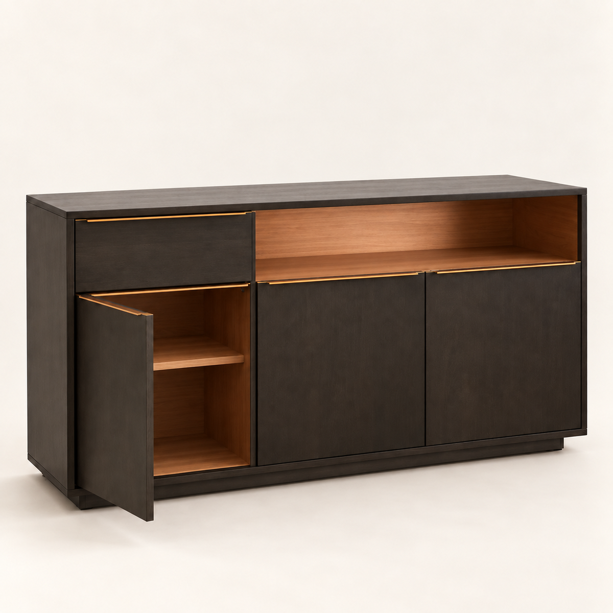Dark Wooden Sideboard with Open Shelf in dark walnut finish – angled side studio view