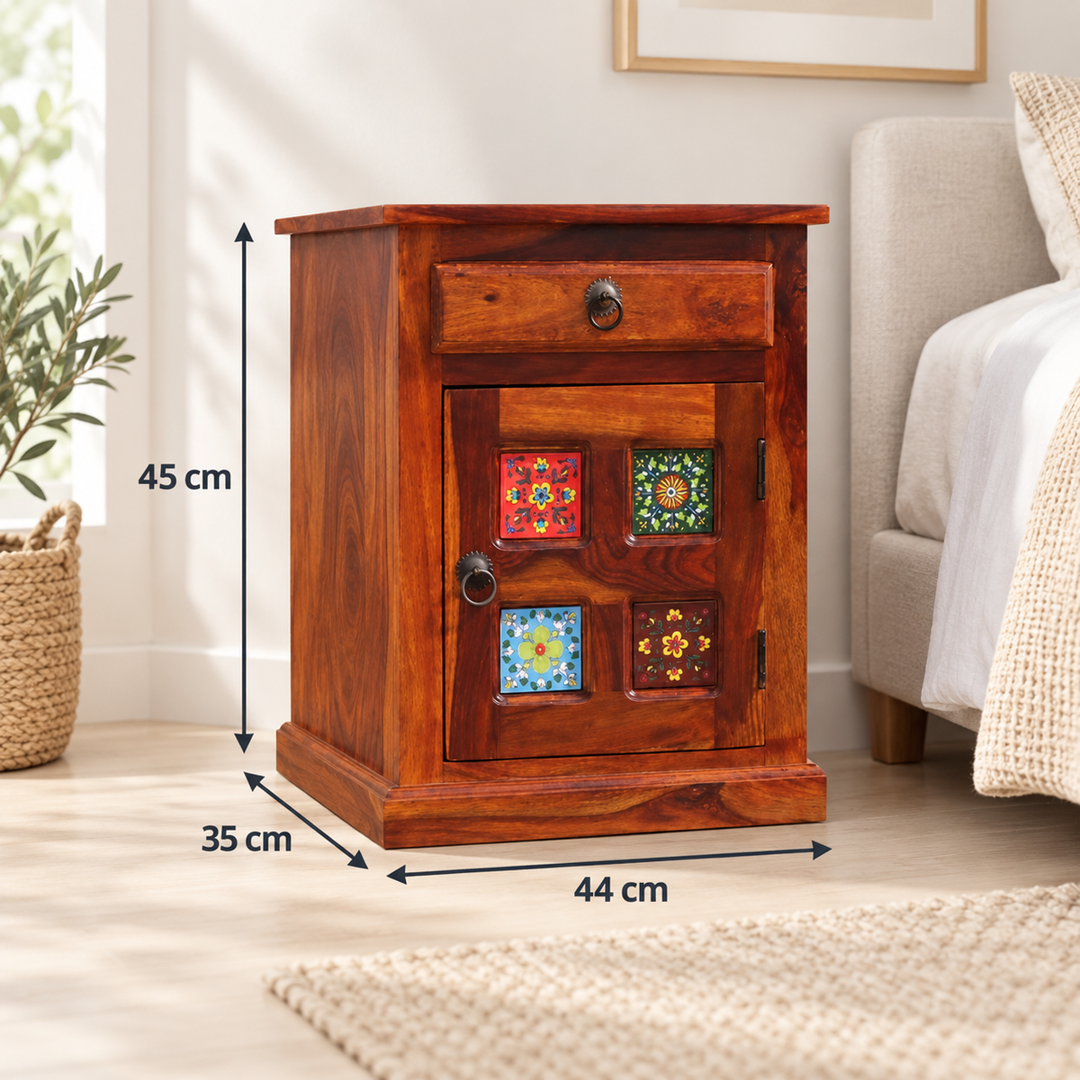 Floral Tile Bedside Table with Cabinet dimensions: 44 cm W × 35 cm D × 45 cm H