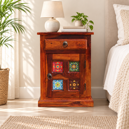 Floral Tile Bedside Table with Cabinet styled beside a bed