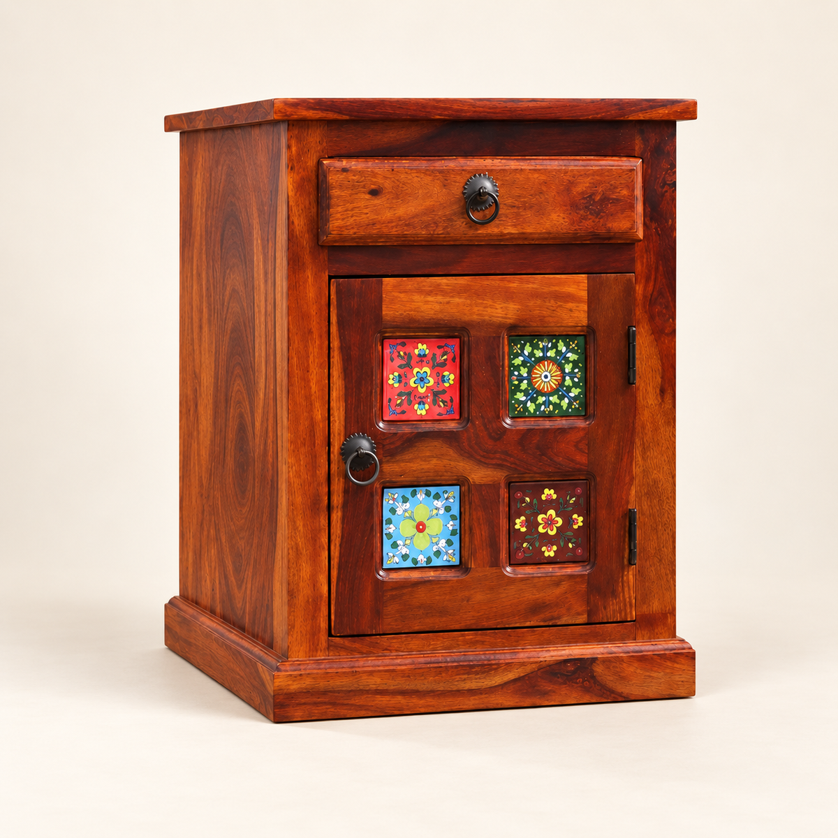 Floral Tile Bedside Table with Cabinet clean studio view with storage closed