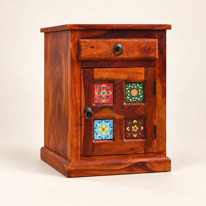 Floral Tile Bedside Table with Cabinet clean studio view with storage closed