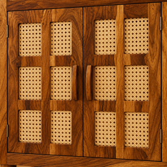 Four Door Cane Inlay Wooden Sideboard in honey brown finish – material and detail close-up