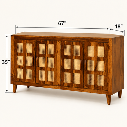 Four Door Cane Inlay Wooden Sideboard in honey brown finish – dimensions 67 × 18 × 35 inches, width × depth × height
