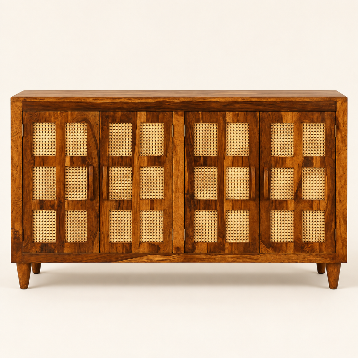 Four Door Cane Inlay Wooden Sideboard in honey brown finish – front studio view