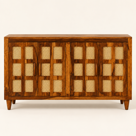 Four Door Cane Inlay Wooden Sideboard in honey brown finish – front studio view