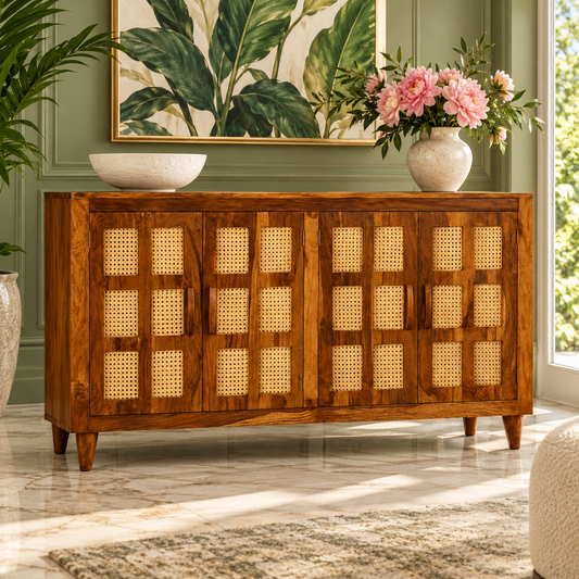Four Door Cane Inlay Wooden Sideboard in honey brown finish – lifestyle setting