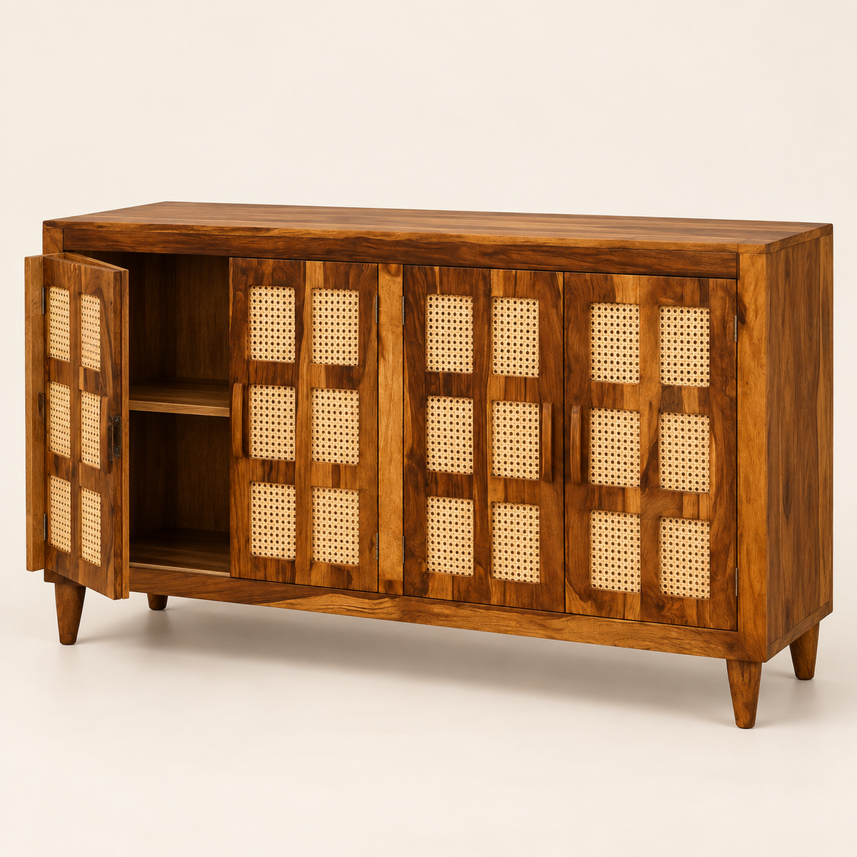 Four Door Cane Inlay Wooden Sideboard in honey brown finish – angled side studio view