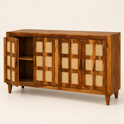 Four Door Cane Inlay Wooden Sideboard in honey brown finish – angled side studio view