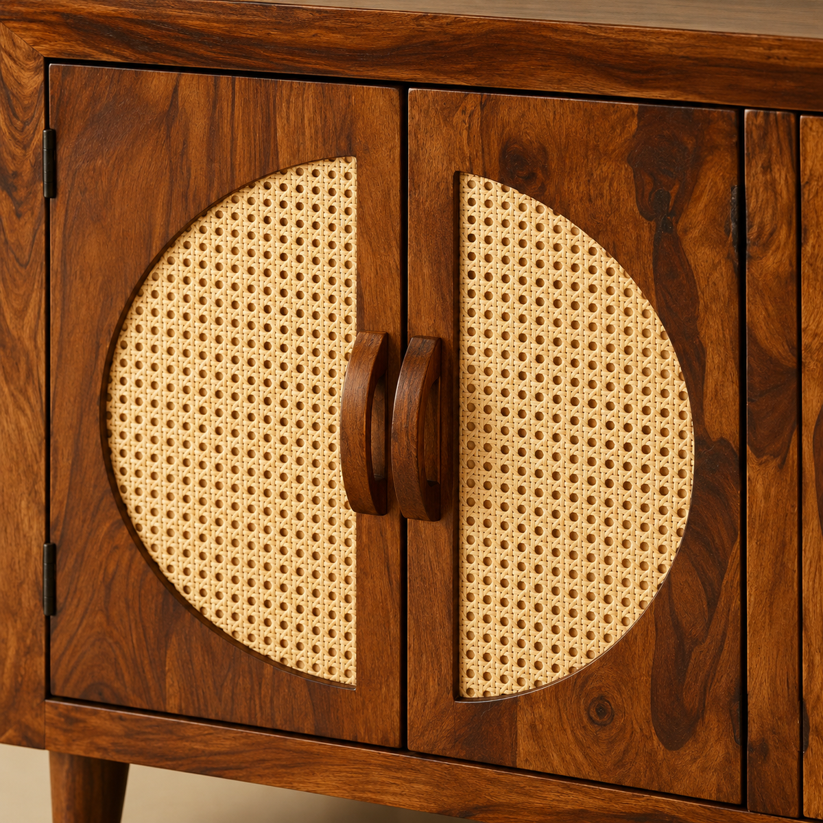 Four Door Circular Cane Wooden Sideboard in honey brown finish – material and detail close-up