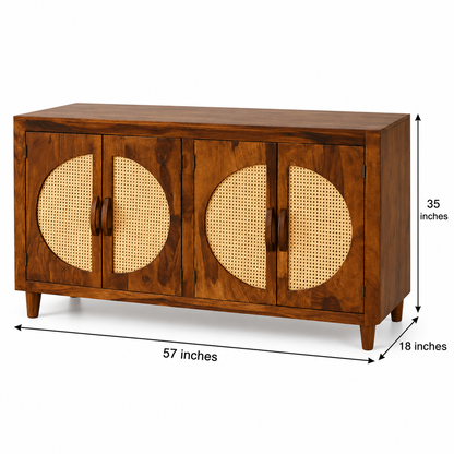 Four Door Circular Cane Wooden Sideboard in honey brown finish – dimensions 57 × 17 × 32 inches, width × depth × height