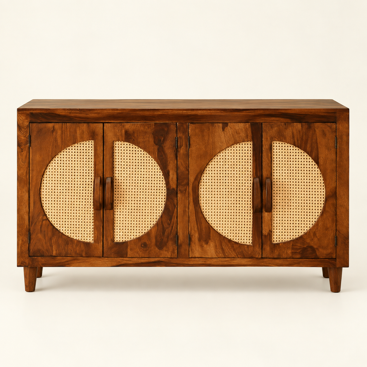Four Door Circular Cane Wooden Sideboard in honey brown finish – front studio view