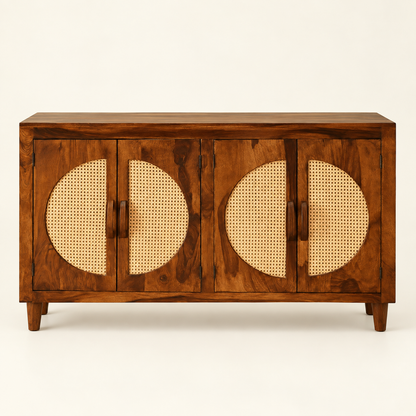 Four Door Circular Cane Wooden Sideboard in honey brown finish – front studio view