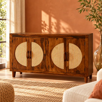 Four Door Circular Cane Wooden Sideboard in honey brown finish – lifestyle setting