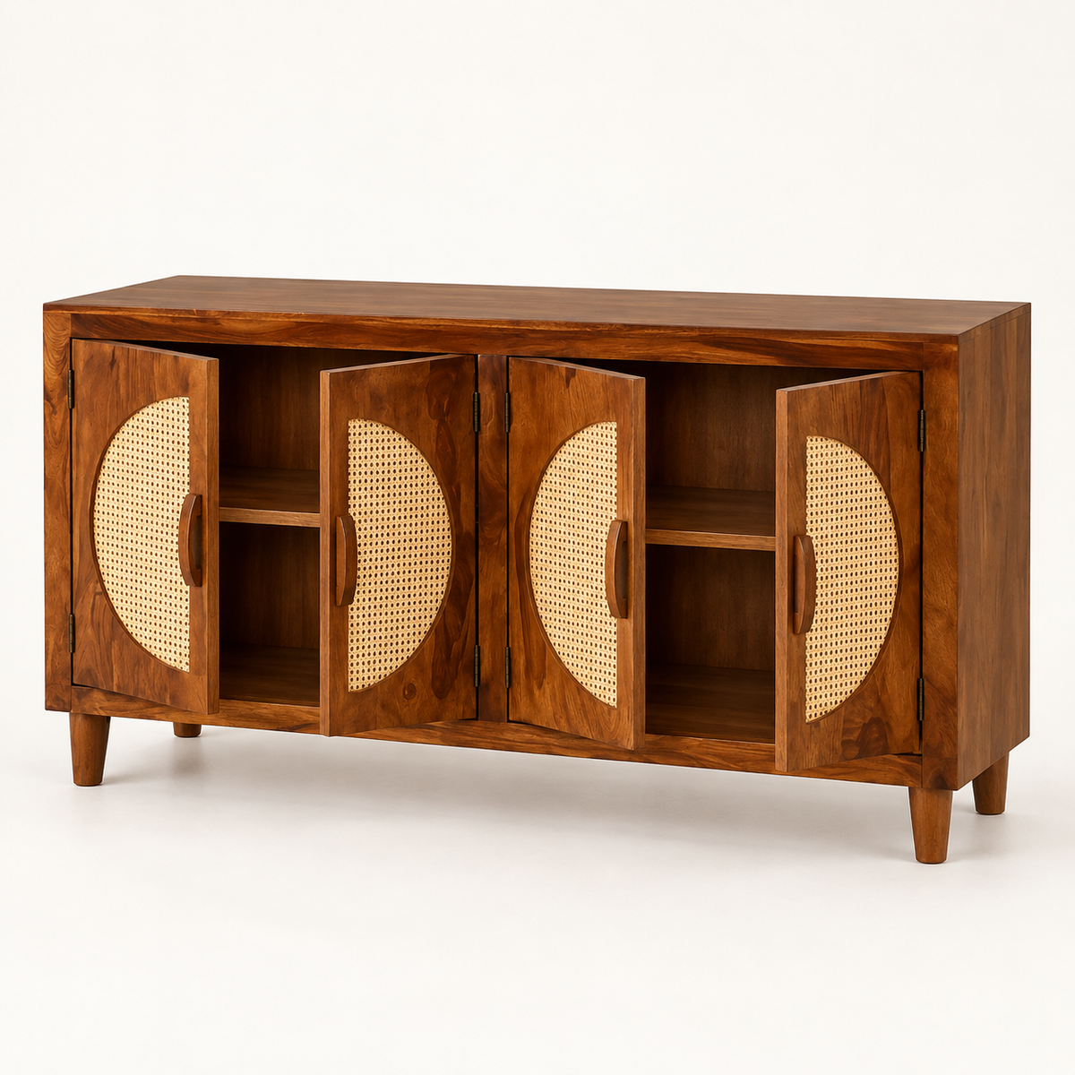 Four Door Circular Cane Wooden Sideboard in honey brown finish – angled side studio view