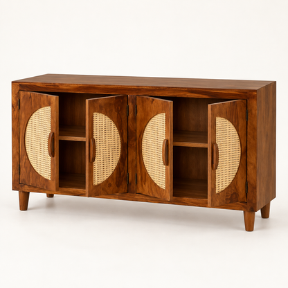 Four Door Circular Cane Wooden Sideboard in honey brown finish – angled side studio view