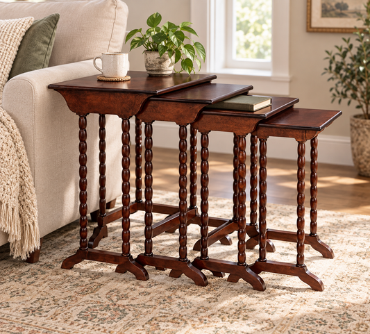 Four-Piece Wooden Nesting Table Set with Turned Legs in teak wood, shown in a furnished room.