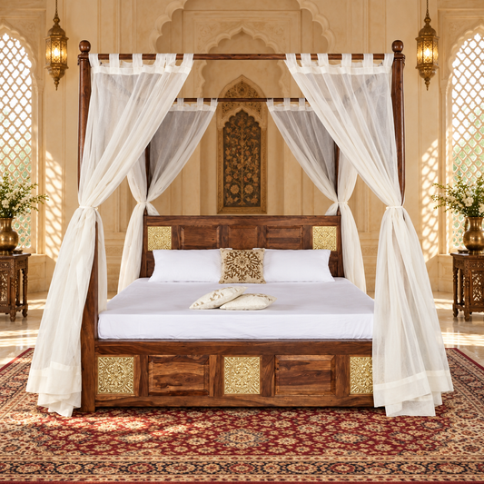 Four Poster Cane Storage Bed in a bedroom, front view