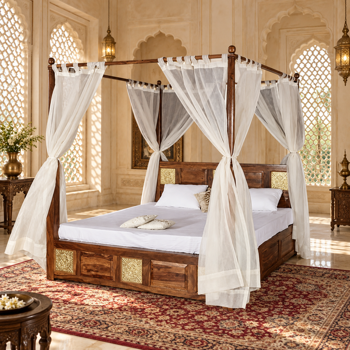 Four Poster Cane Storage Bed in a bedroom, side view
