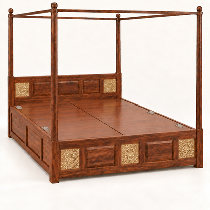 A traditional wooden canopy bed with four upright posts, a high paneled headboard, and a storage base with decorative gold-toned inlay panels, shown on a plain light background.