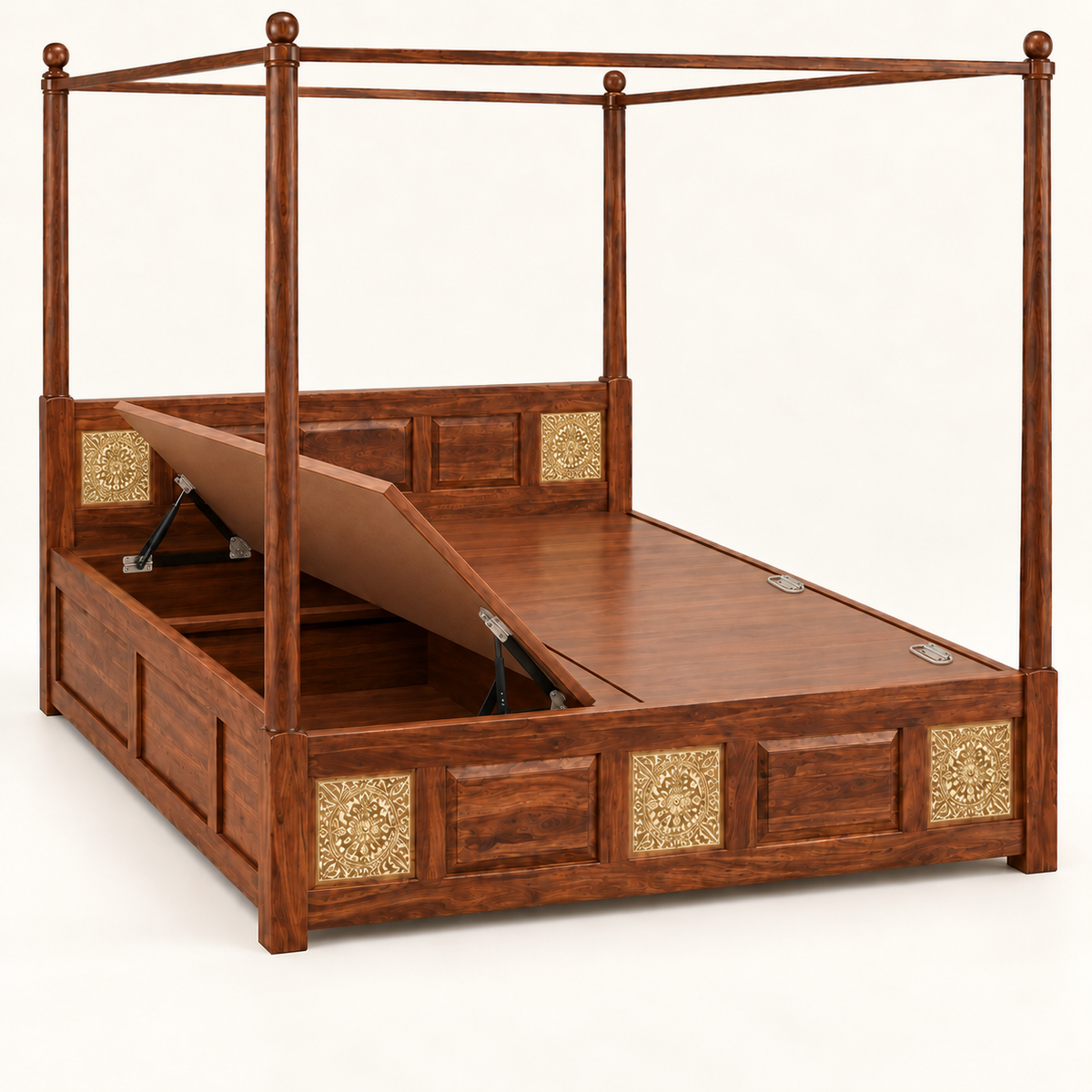 A four-poster canopy bed made of rich reddish-brown wood, featuring decorative gold-toned square panels on the headboard and footboard. The bed is shown with the storage compartment lid lifted open to reveal the lift-up mechanism, set against a plain off-white background.