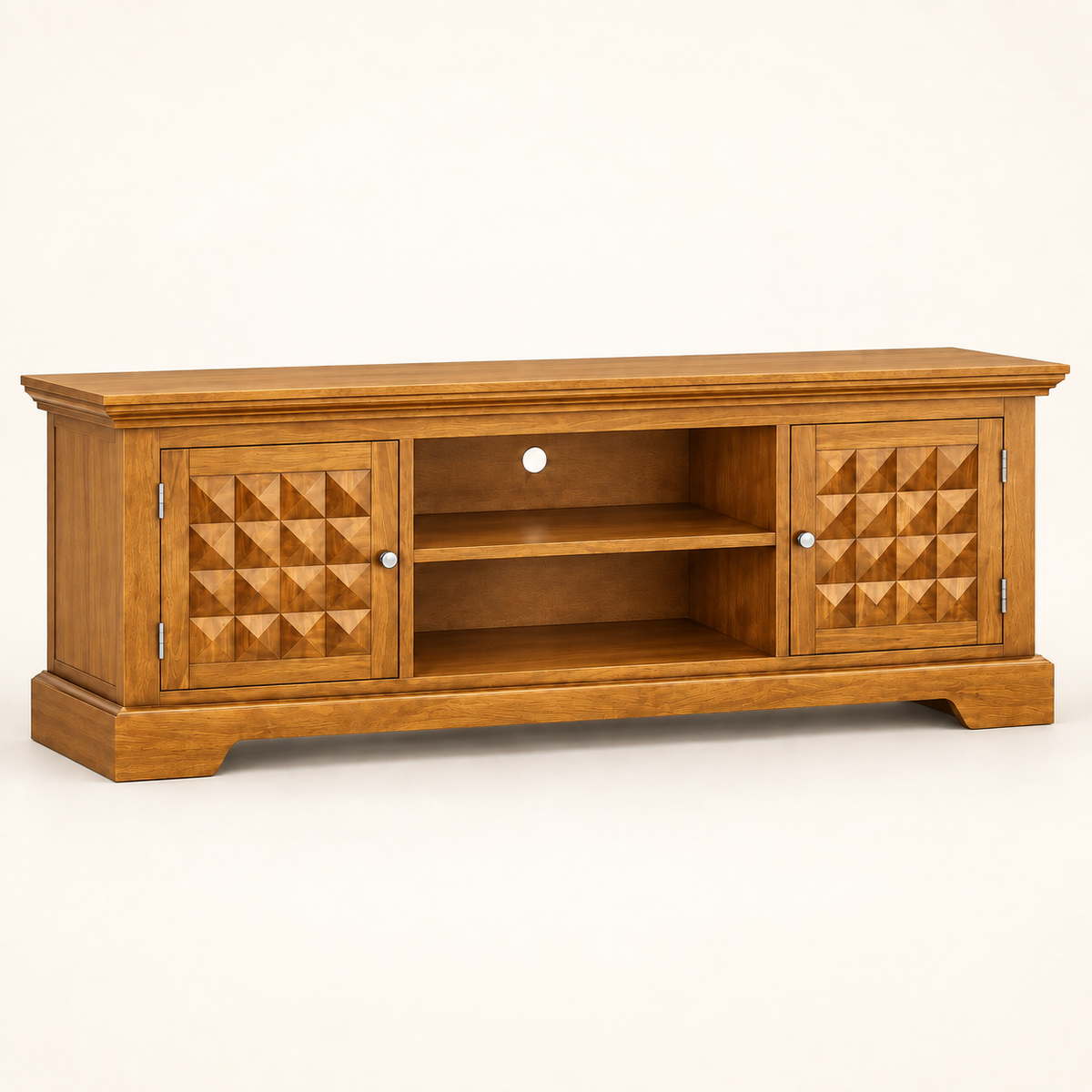 Geometric Carved Wooden TV Unit in alternate Honey Oak finish