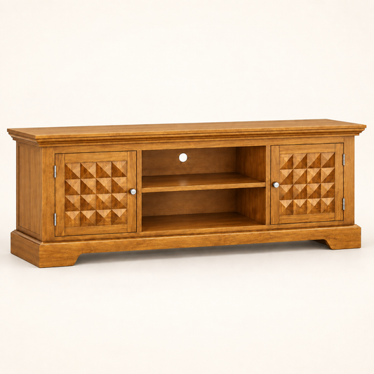 Geometric Carved Wooden TV Unit in alternate Honey Oak finish