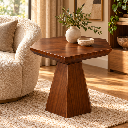 Geometric Walnut Pedestal Side Table - living room lifestyle view