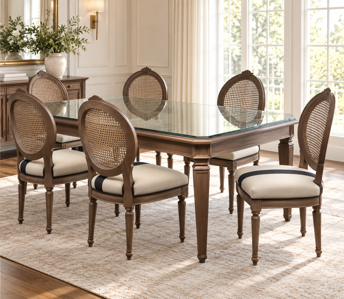 Teak Wood Dining Set with Cane-Back Chairs – 6 seater lifestyle (glass shown is not included)