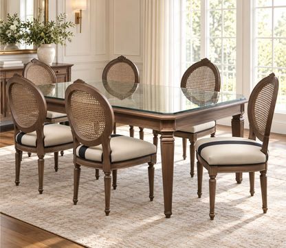 Teak Wood Dining Set with Cane-Back Chairs – 6 seater lifestyle (glass shown is not included)