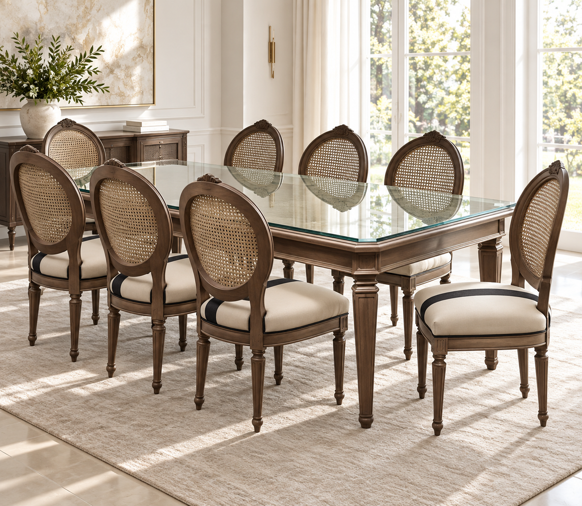 Teak Wood Dining Set with Cane-Back Chairs – 8 seater lifestyle (glass shown is not included)