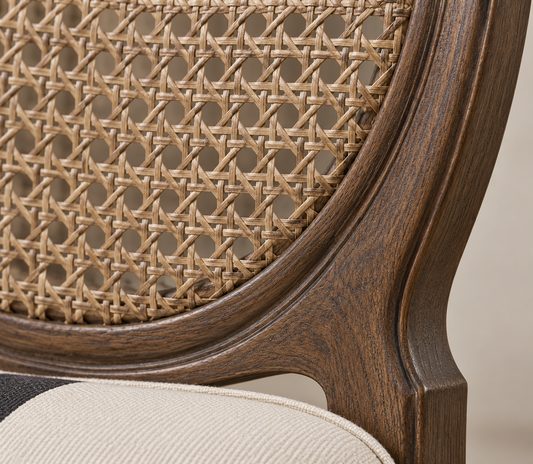 Teak Wood Dining Set with Cane-Back Chairs – close up (glass shown is not included)