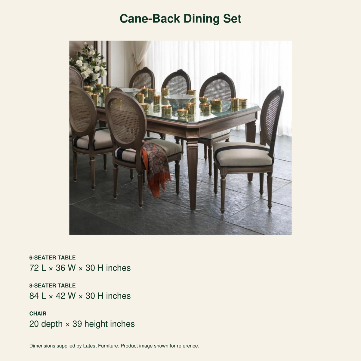 Teak Wood Dining Set with Cane-Back Chairs – dimensions (glass shown is not included)
