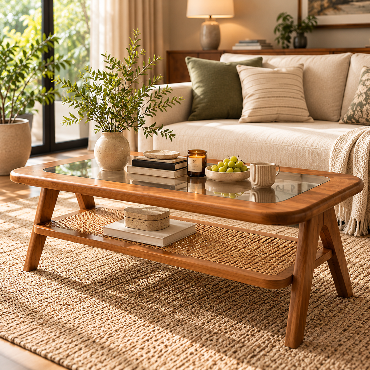 Teak wood glass-top coffee table with lower shelf in bright living room