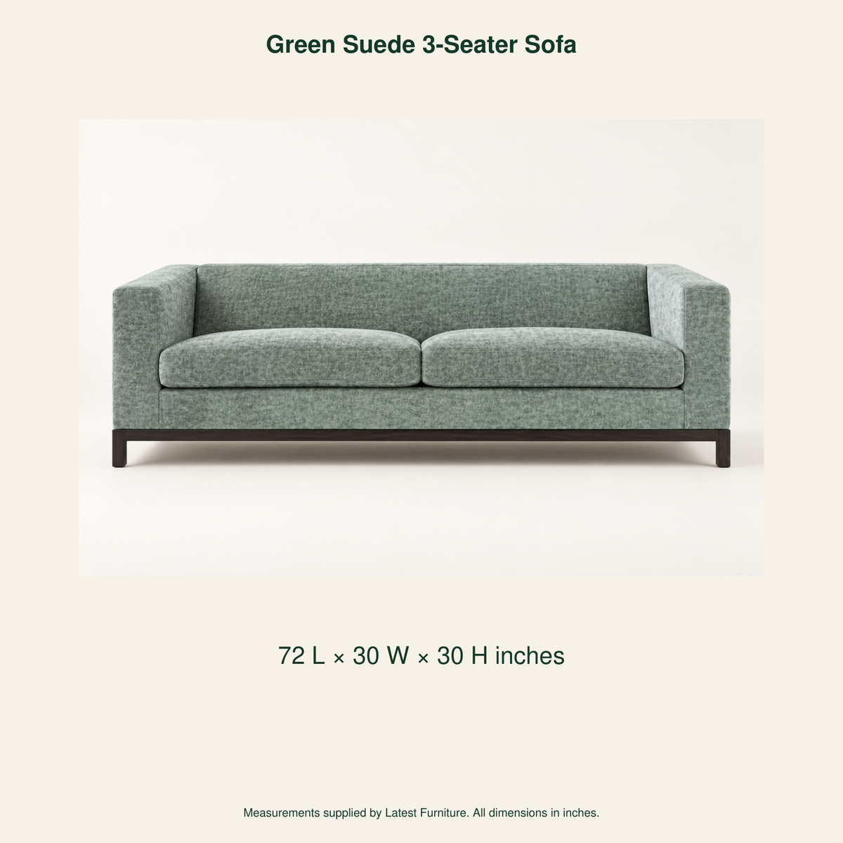 Green Suede Three-Seater Sofa – product dimensions in inches