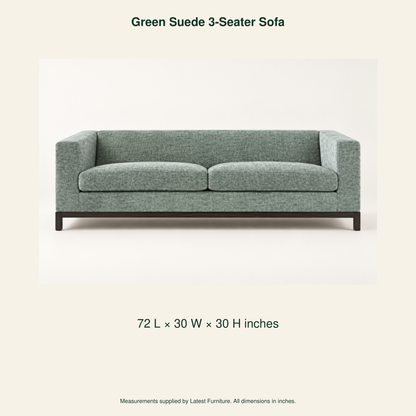 Green Suede Three-Seater Sofa – product dimensions in inches