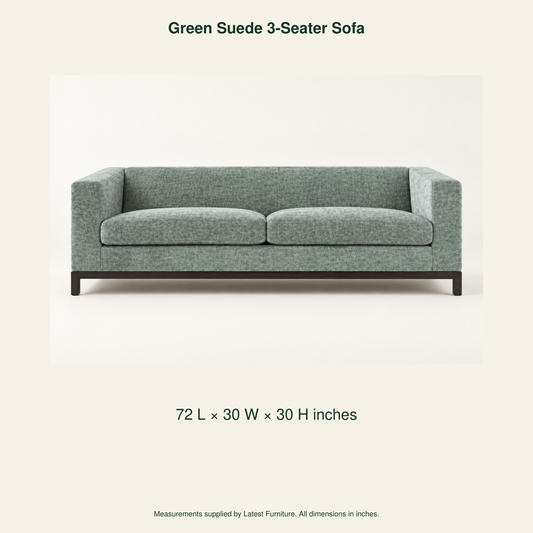 Green Suede Three-Seater Sofa – product dimensions in inches