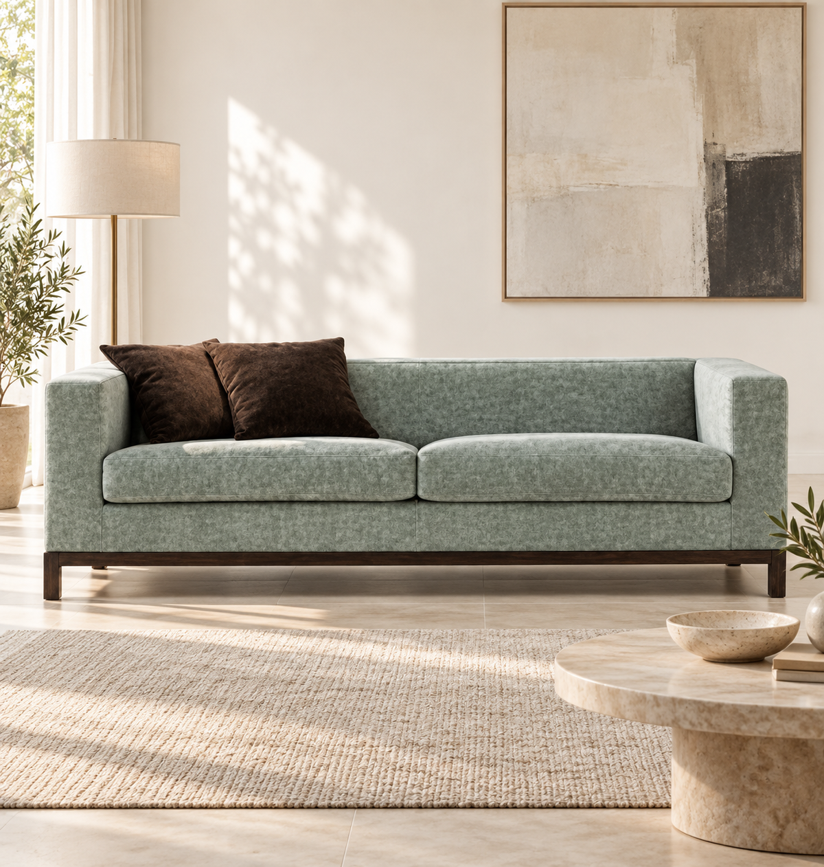 Green Suede Three-Seater Sofa – styled room lifestyle view