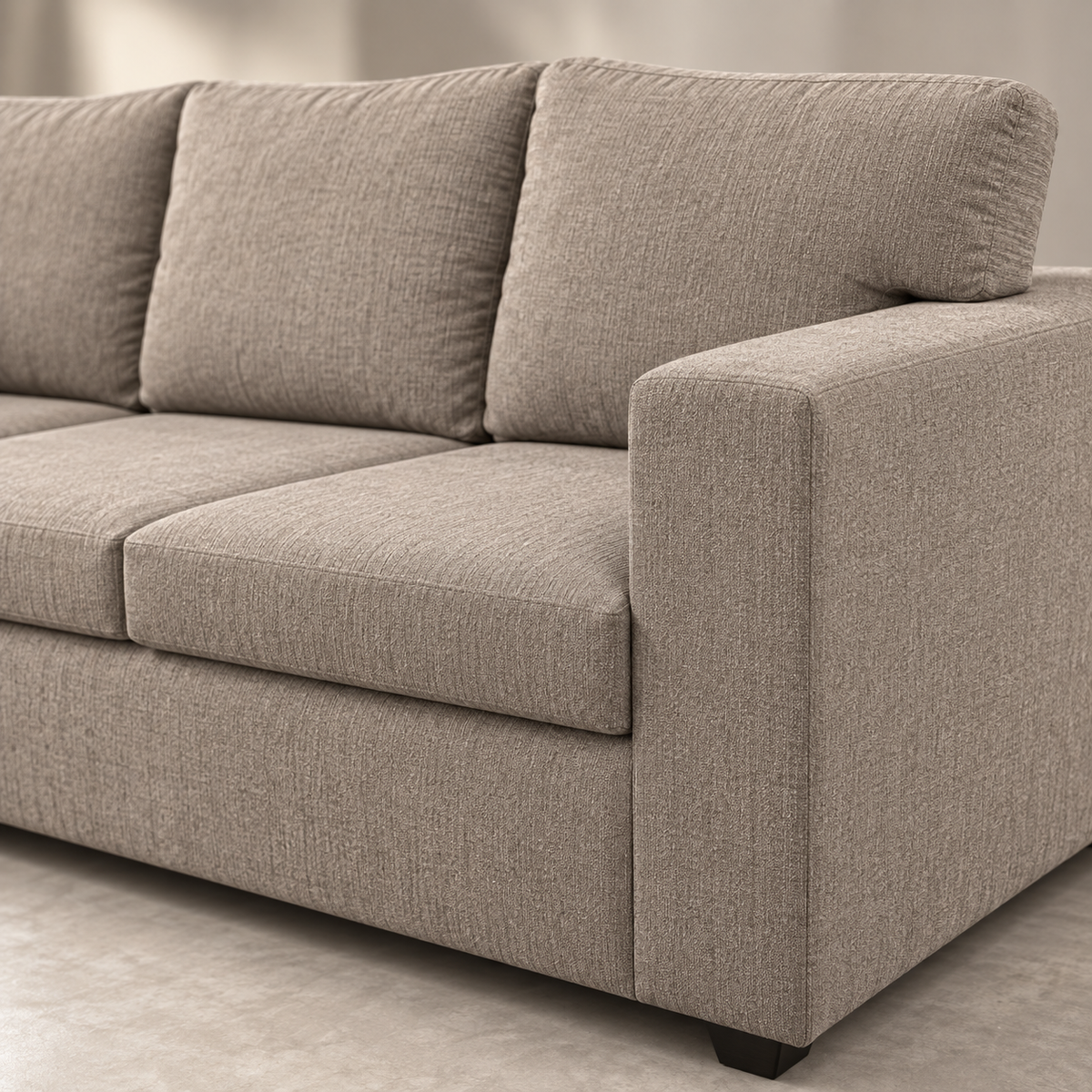 Warm Greige Fabric 3-Seater Sofa — upholstery and wooden detail close-up