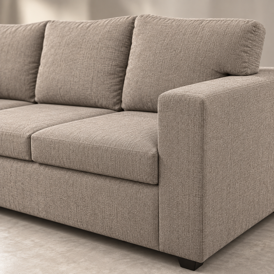 Warm Greige Fabric 3-Seater Sofa — upholstery and wooden detail close-up
