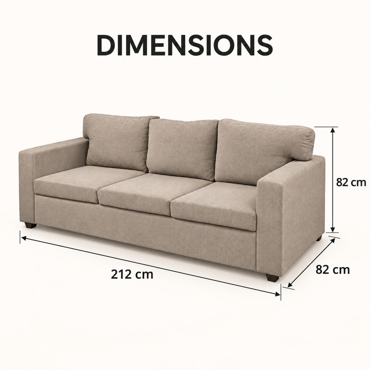 Warm Greige Fabric 3-Seater Sofa — dimension diagram