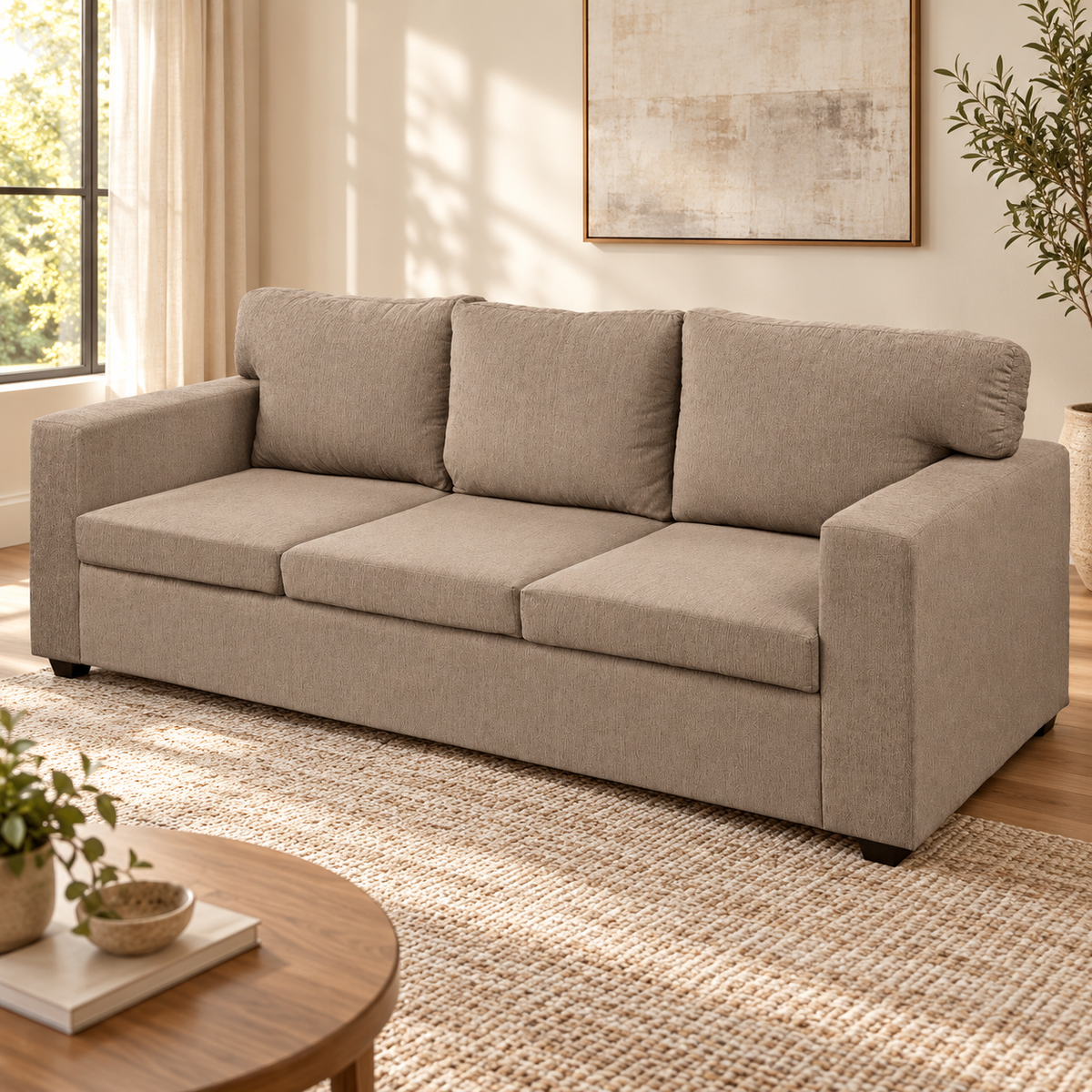 Warm Greige Fabric 3-Seater Sofa — in a styled living room