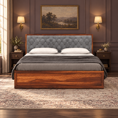Grey Tufted Headboard Storage Bed in a bedroom, front view
