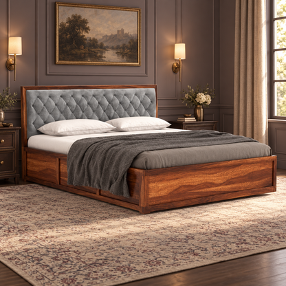 Grey Tufted Headboard Storage Bed in a bedroom, side view