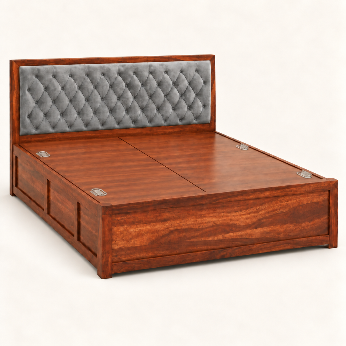 A wooden platform bed frame with a tall upholstered headboard, featuring a warm reddish-brown wood finish and a gray tufted velvet headboard panel, shown on a light cream background.