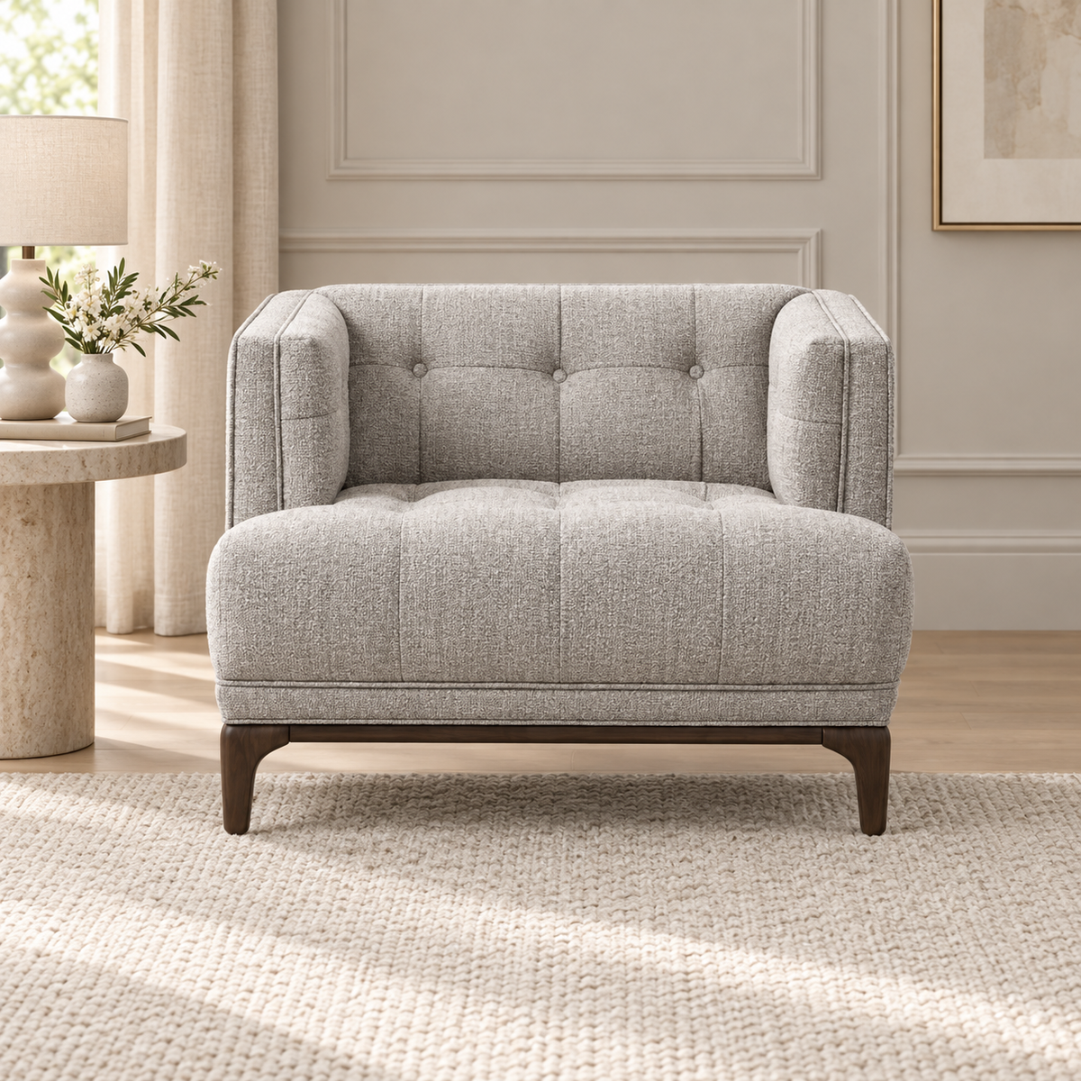 Grey Upholstered Armchair – lifestyle view, Latest Furniture