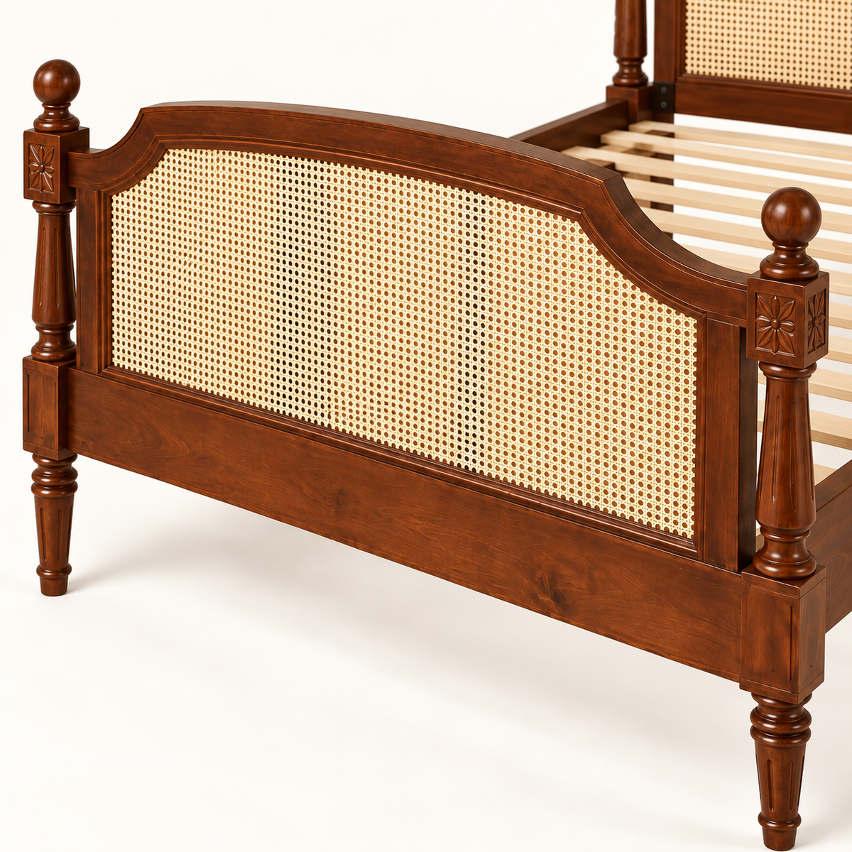 Heritage Cane Wooden Bed in teak wood — close-up of footboard