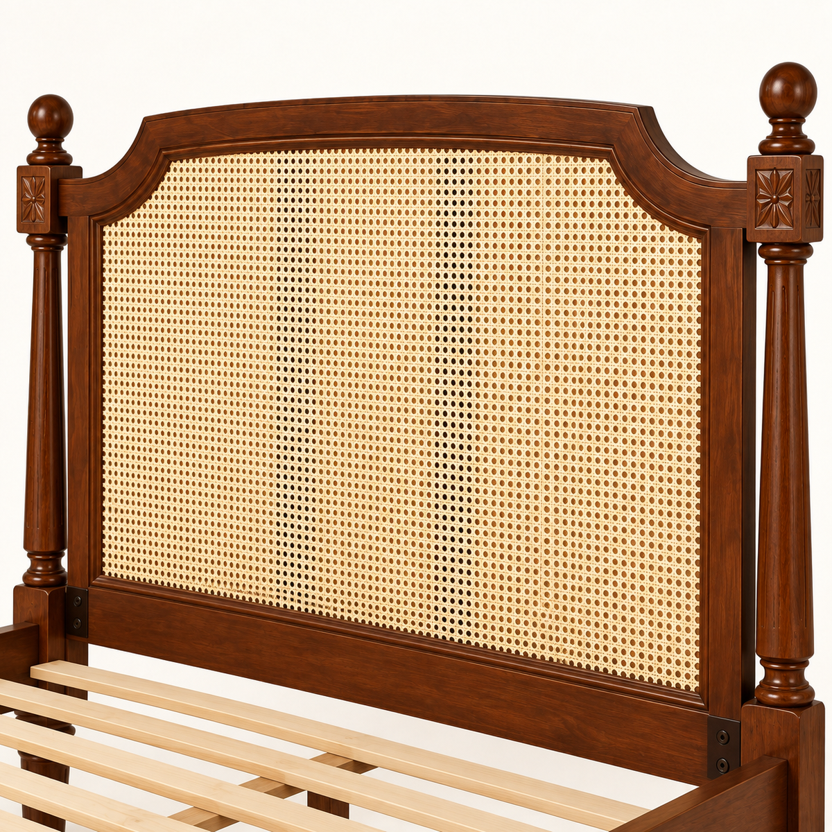 Heritage Cane Wooden Bed in teak wood — close-up of headboard