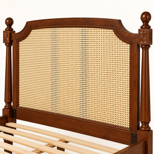 Heritage Cane Wooden Bed in teak wood — close-up of headboard